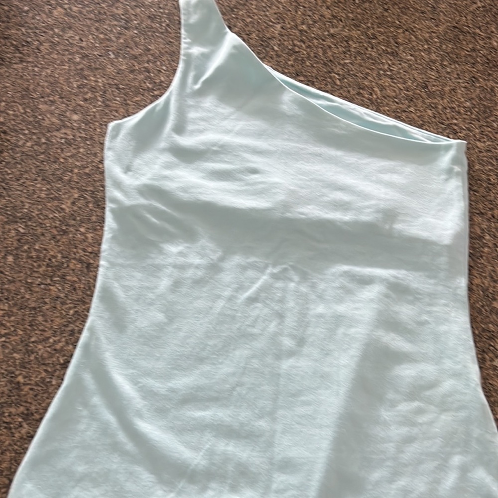 Ladies one shoulder tank top with bra shelf in aqua - Picture 3 of 4